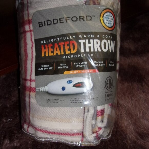 BIDDEFORD New HEATED THROW microplush blanket 50"x62" Plaid print - Picture 1 of 2